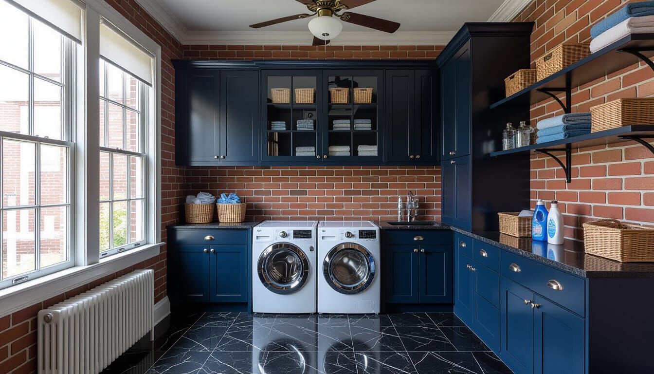 Victorian Laundry Room with Dark Blue and Brick Accents