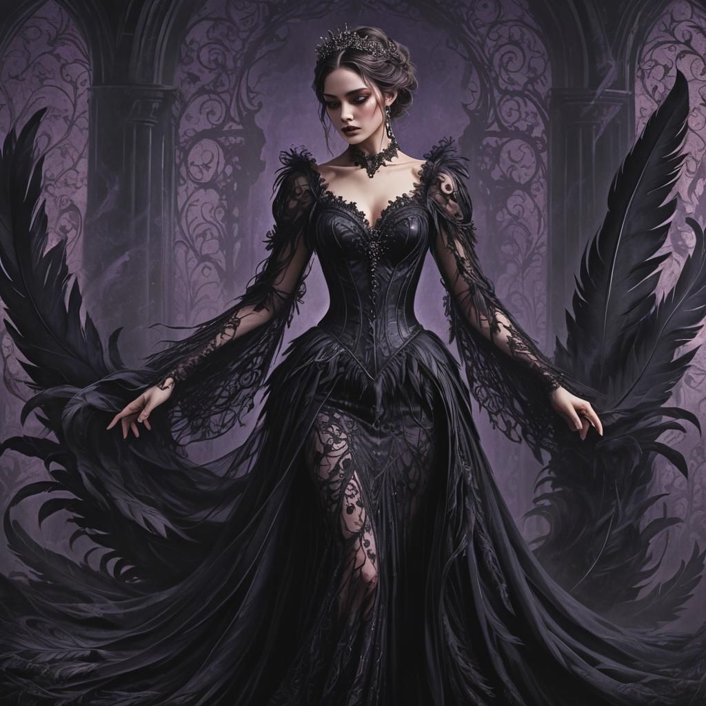Gothic Woman in Black Feathers and Lace Illustration