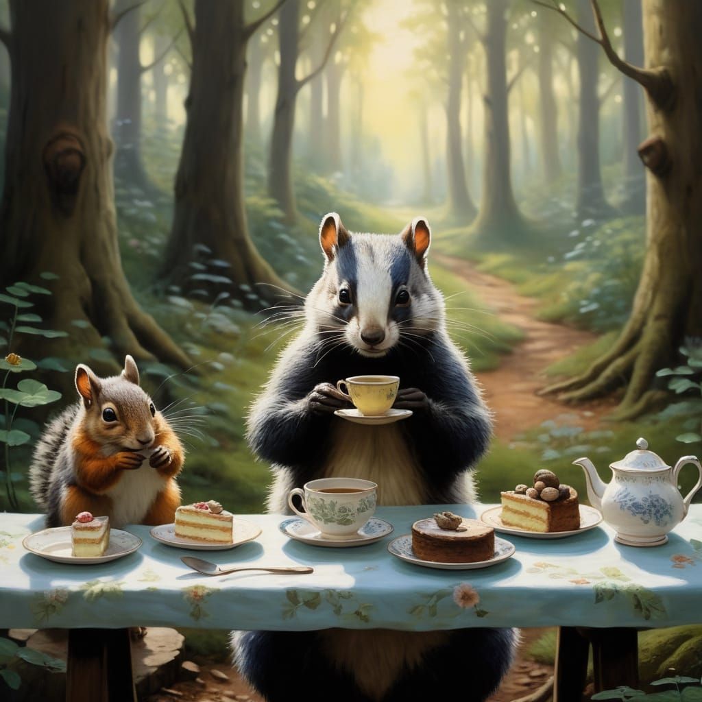 Woodland Tea Party: Badger, Squirrel, and Rabbits
