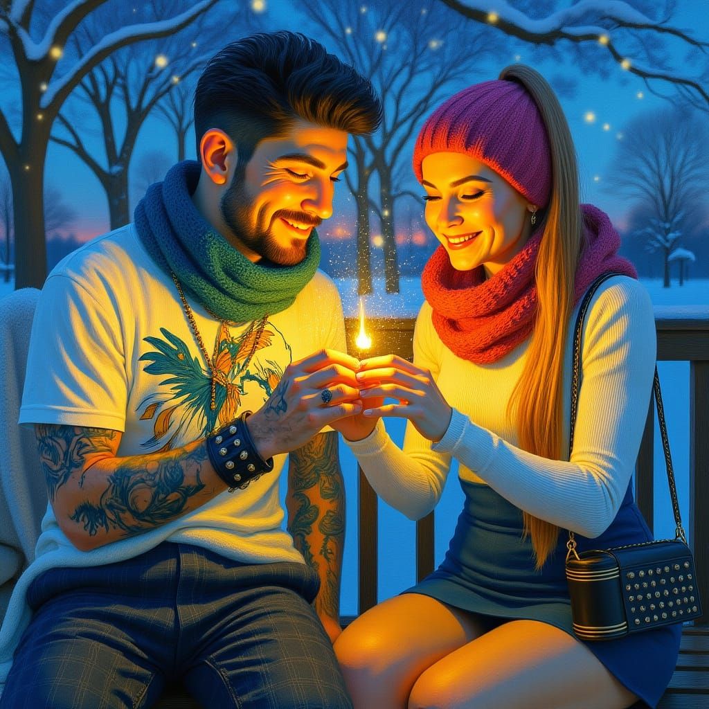 Couple Enjoys Snowy Winter Landscape in Oil Painting Style