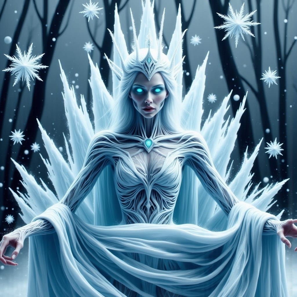 Regal Snow Queen in Ethereal Frosty Landscape
