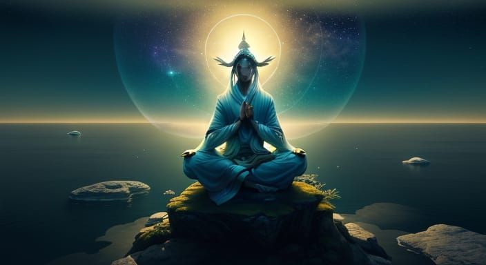 Meditative Character in Protective Aura Above Starlit Ocean