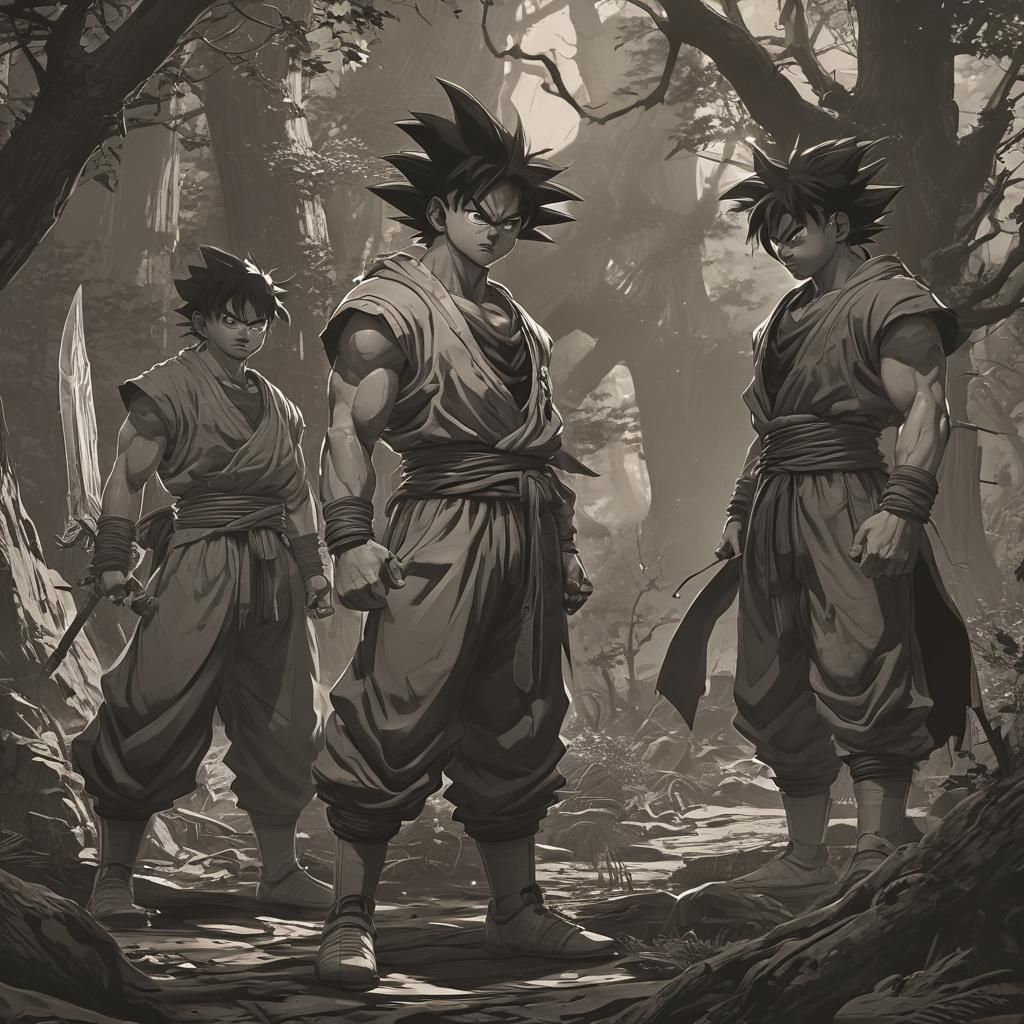 Goku, Gohan, and Goten in Dark Fantasy Forest