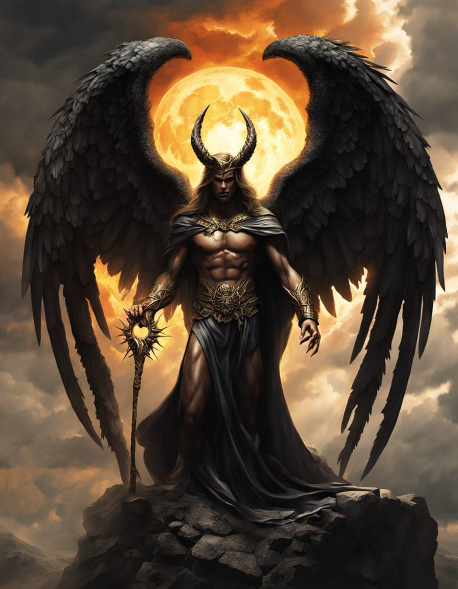 Ethereal Majesty: Lucifer Ascends with Majestic Black Wings