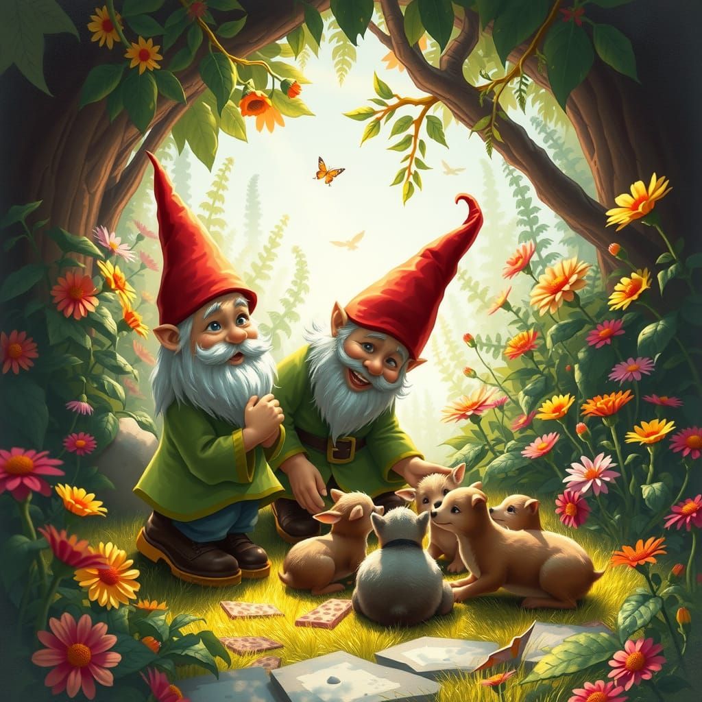 Garden Gnome Cares for Baby Animals in Whimsical Garden