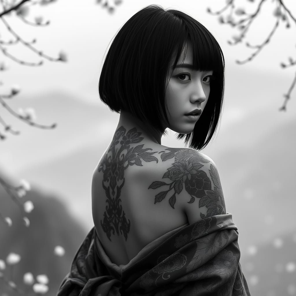 Japanese Model with Traditional Tattoos in Black and White