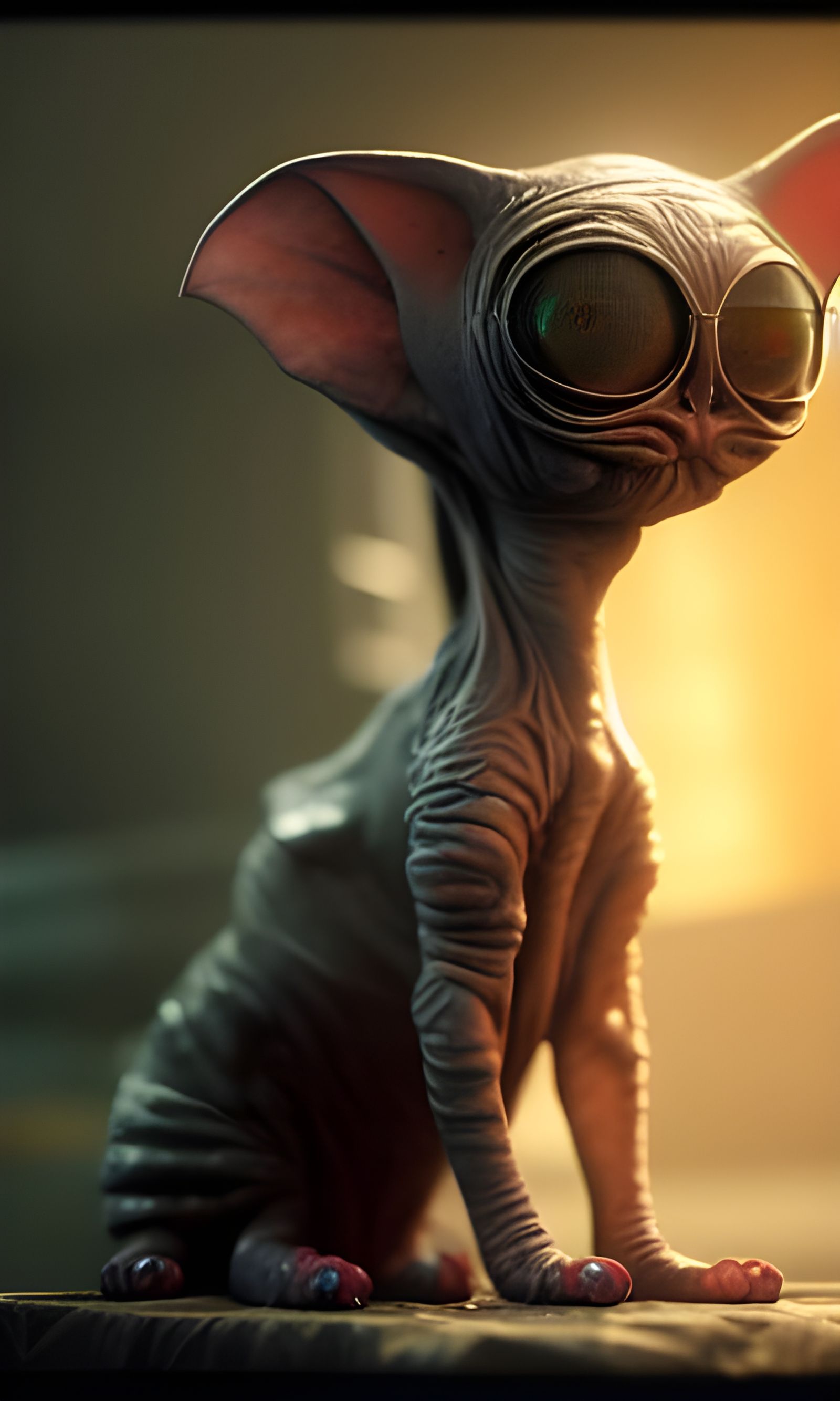 Terrifying Hairless Alien Cat in Hyper-Realistic Style