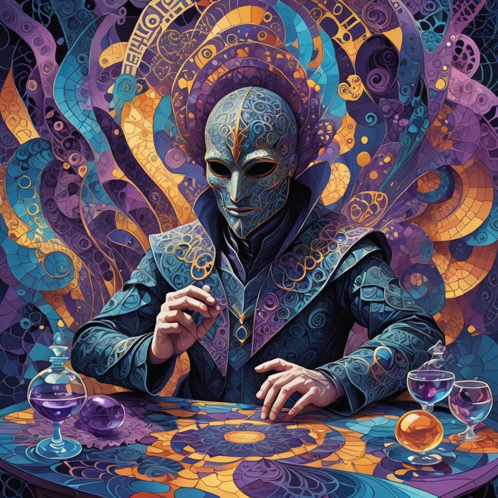 Masked Figure with Abstract Fractal Patterns