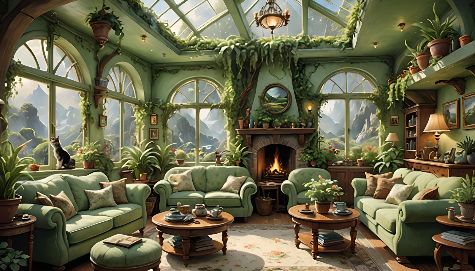 Sunny Hobbit Living Room with Sleeping Cat