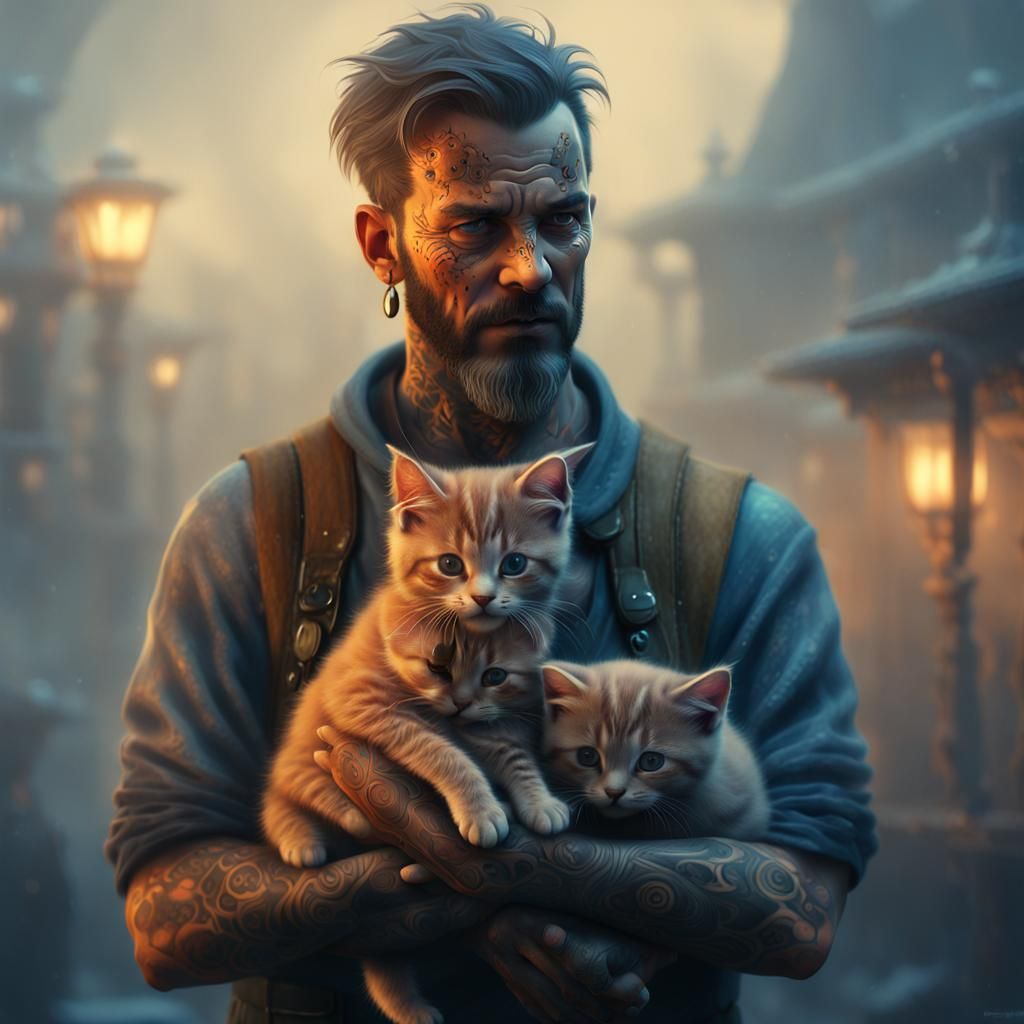 Tattooed Man Holds Kittens in Misty Golden Light