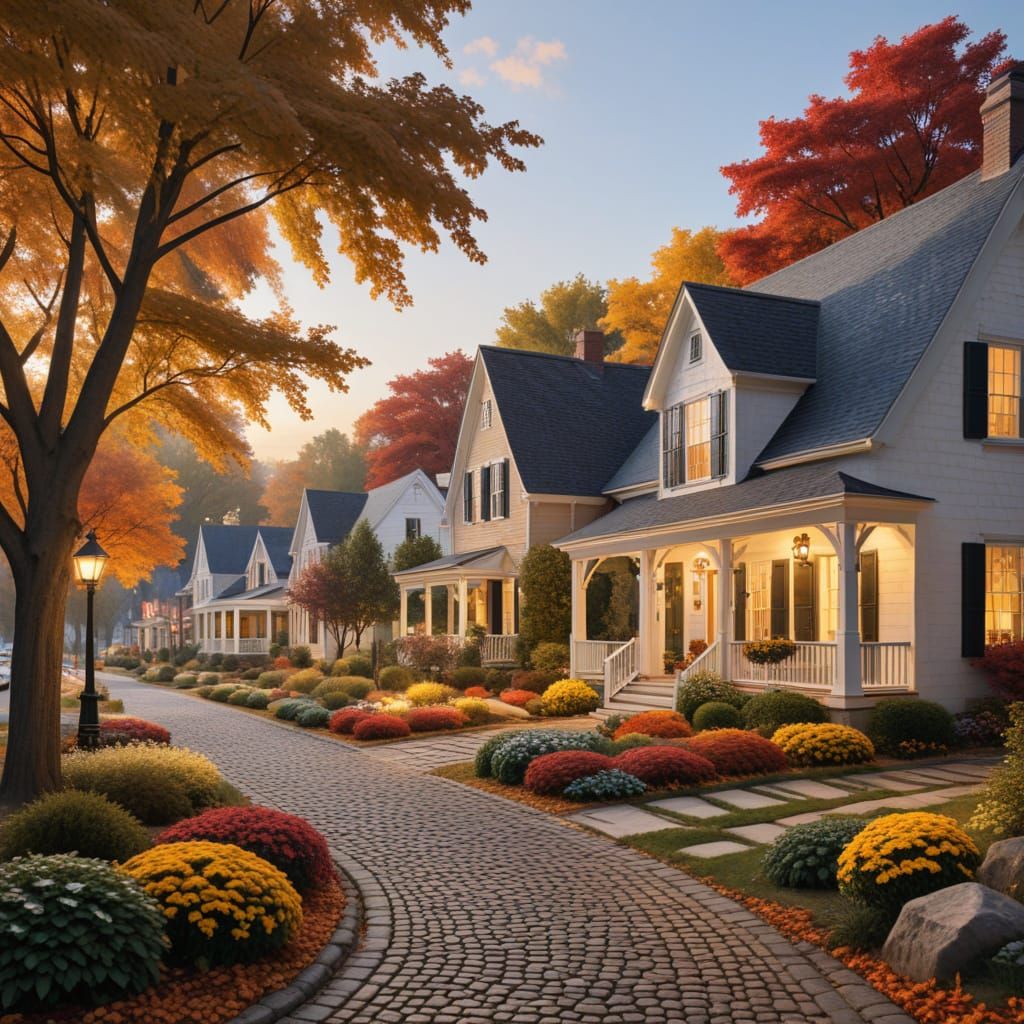 Autumn Street Scene with White House Architecture