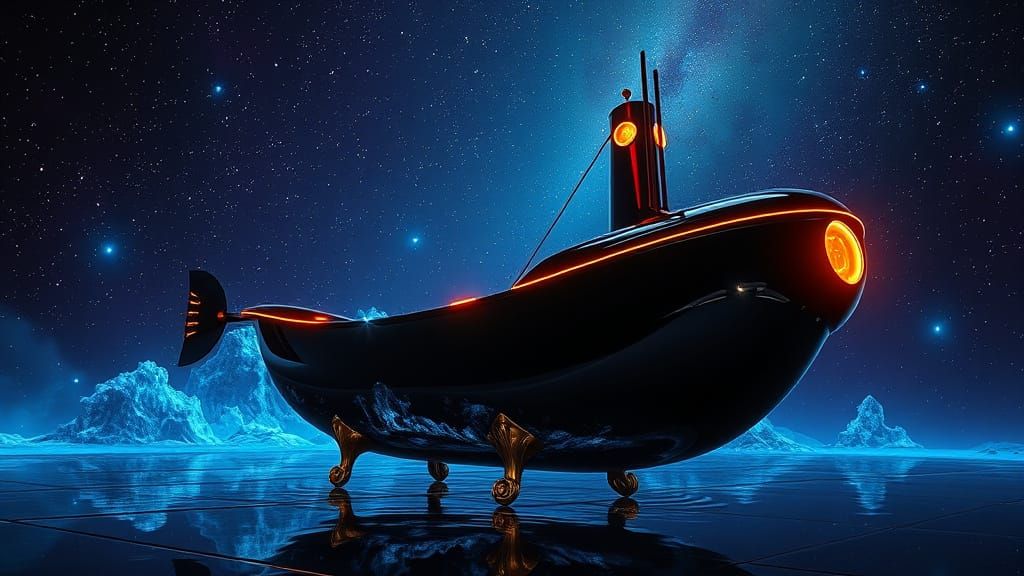 Neon Celestial Bathtub Submarine Breaching Waves