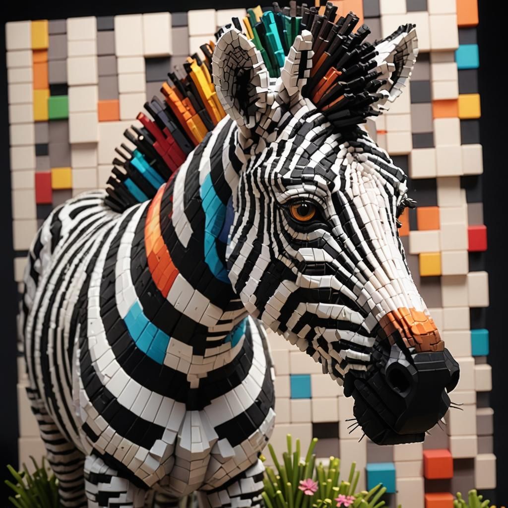 Vibrant 3D Pixel Zebra in Retro Video Game Landscape