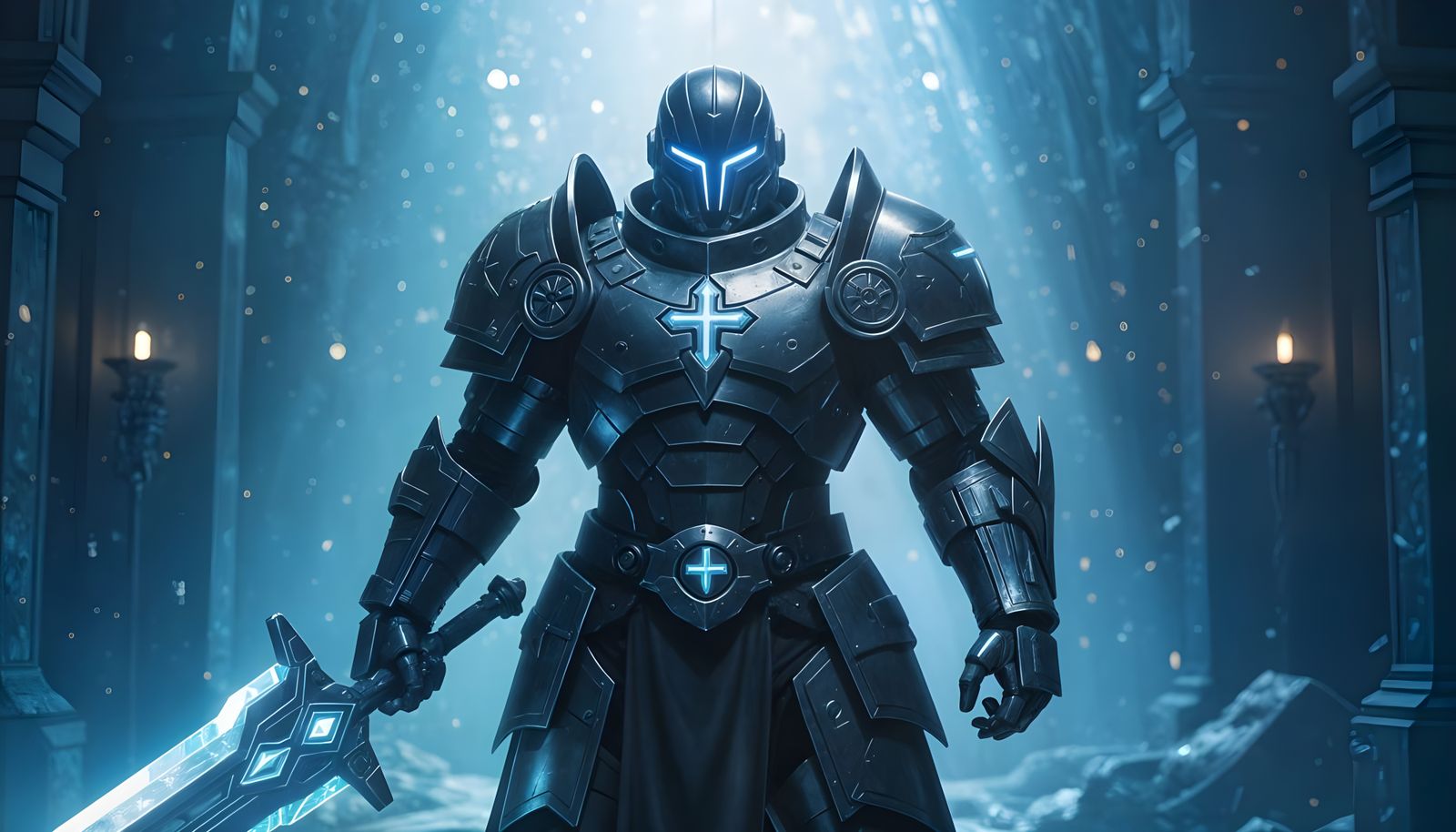 Cyborg Paladin in Detailed Power Armor with Energy Sword