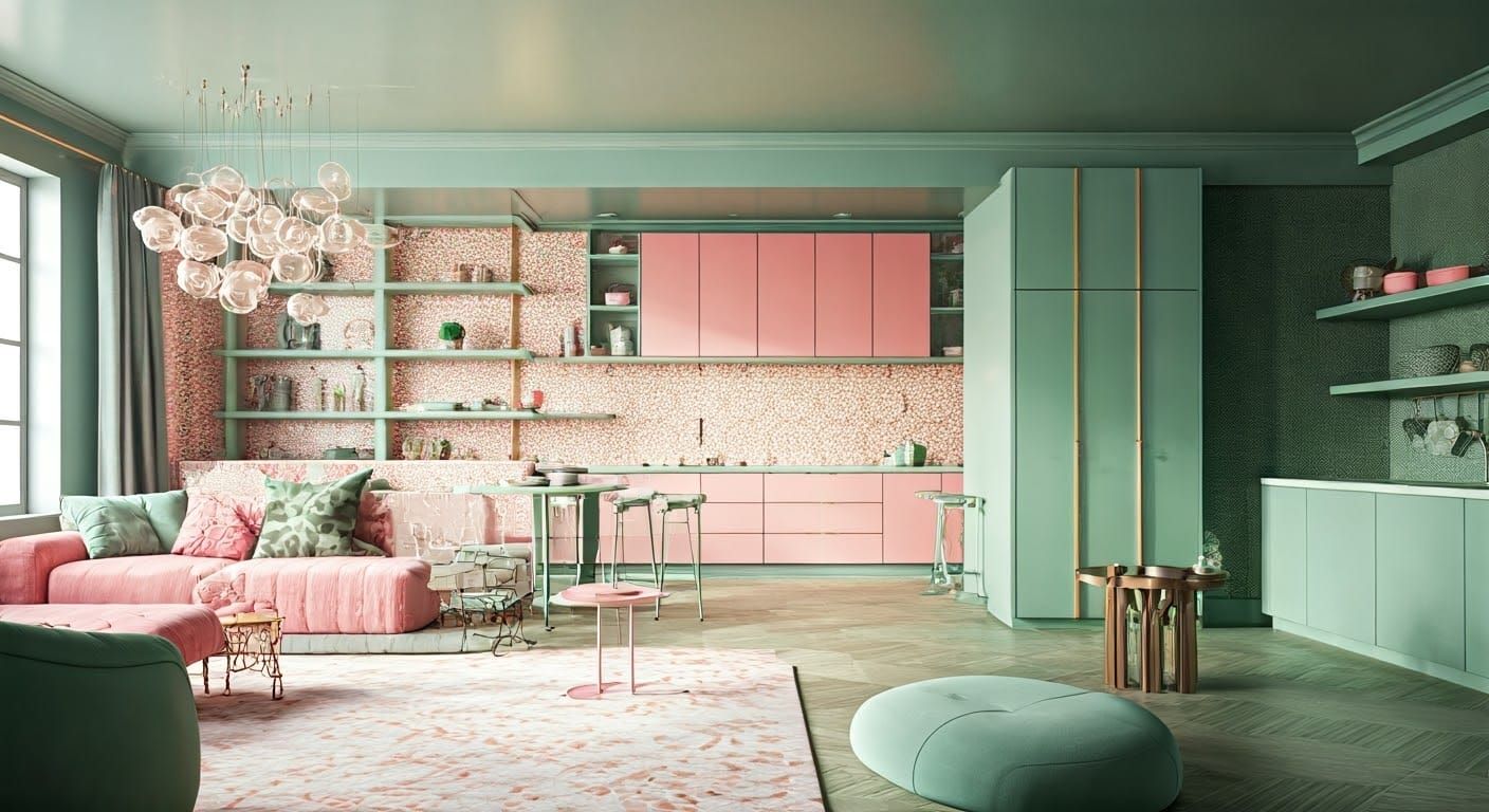 Luxury Loft Interior in Pink and Green: Fine Art Photography