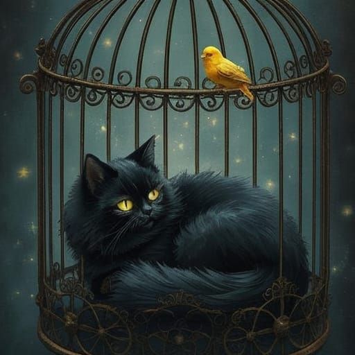 Fluffy Black Cat in Steampunk Birdcage with Celestial Eyes