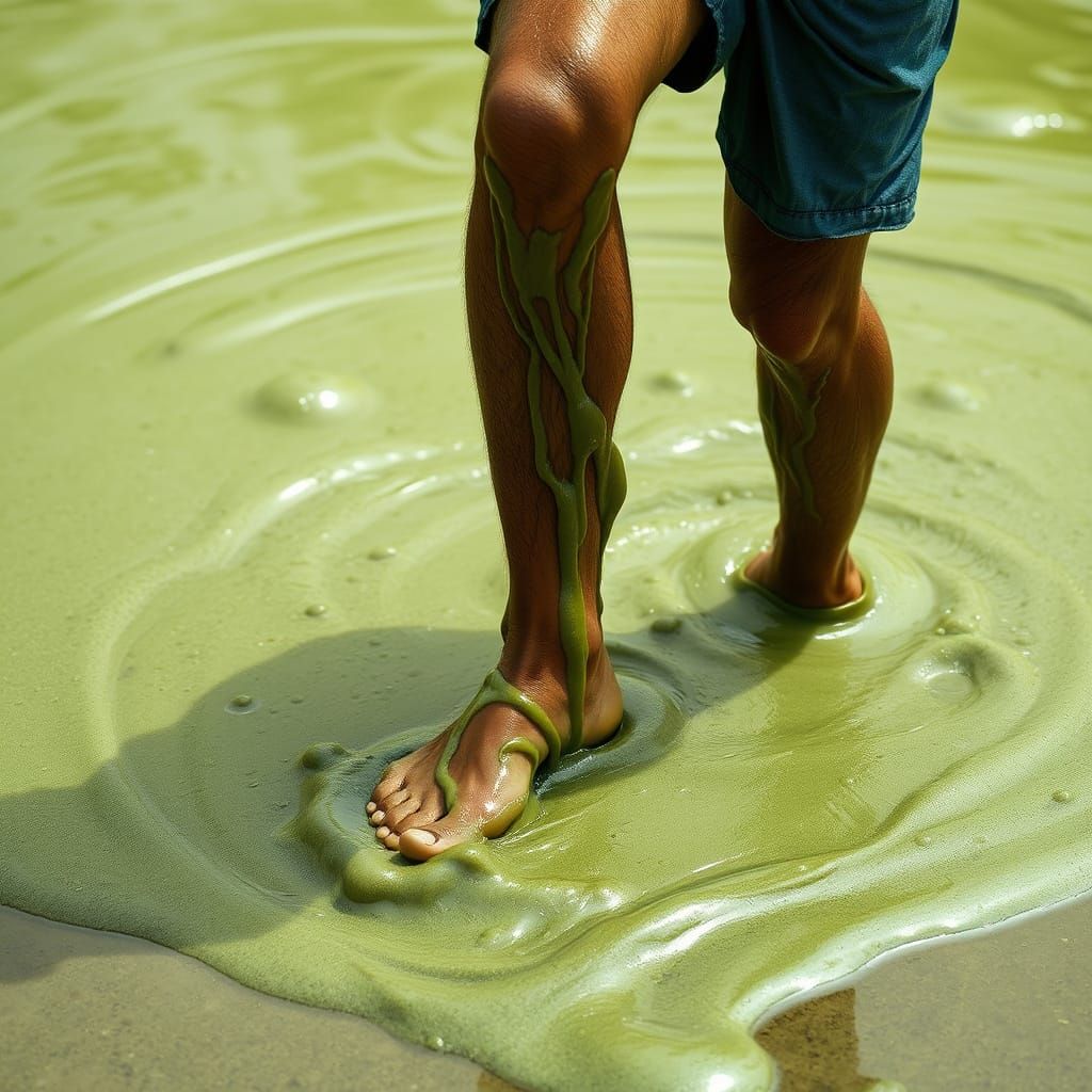 Barefoot Man Struggles in Slime Puddle