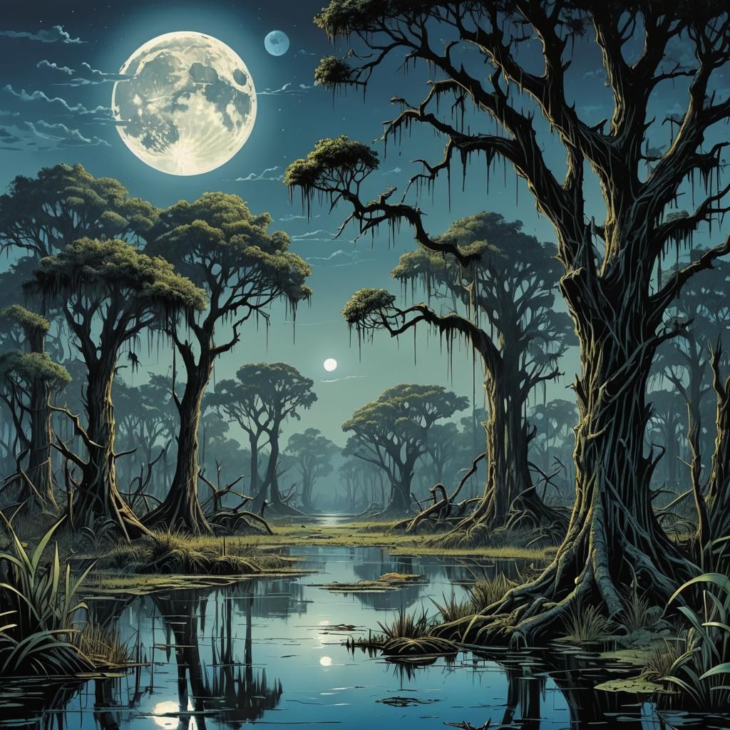 Louisiana Swamps at Night in Comic Book Art