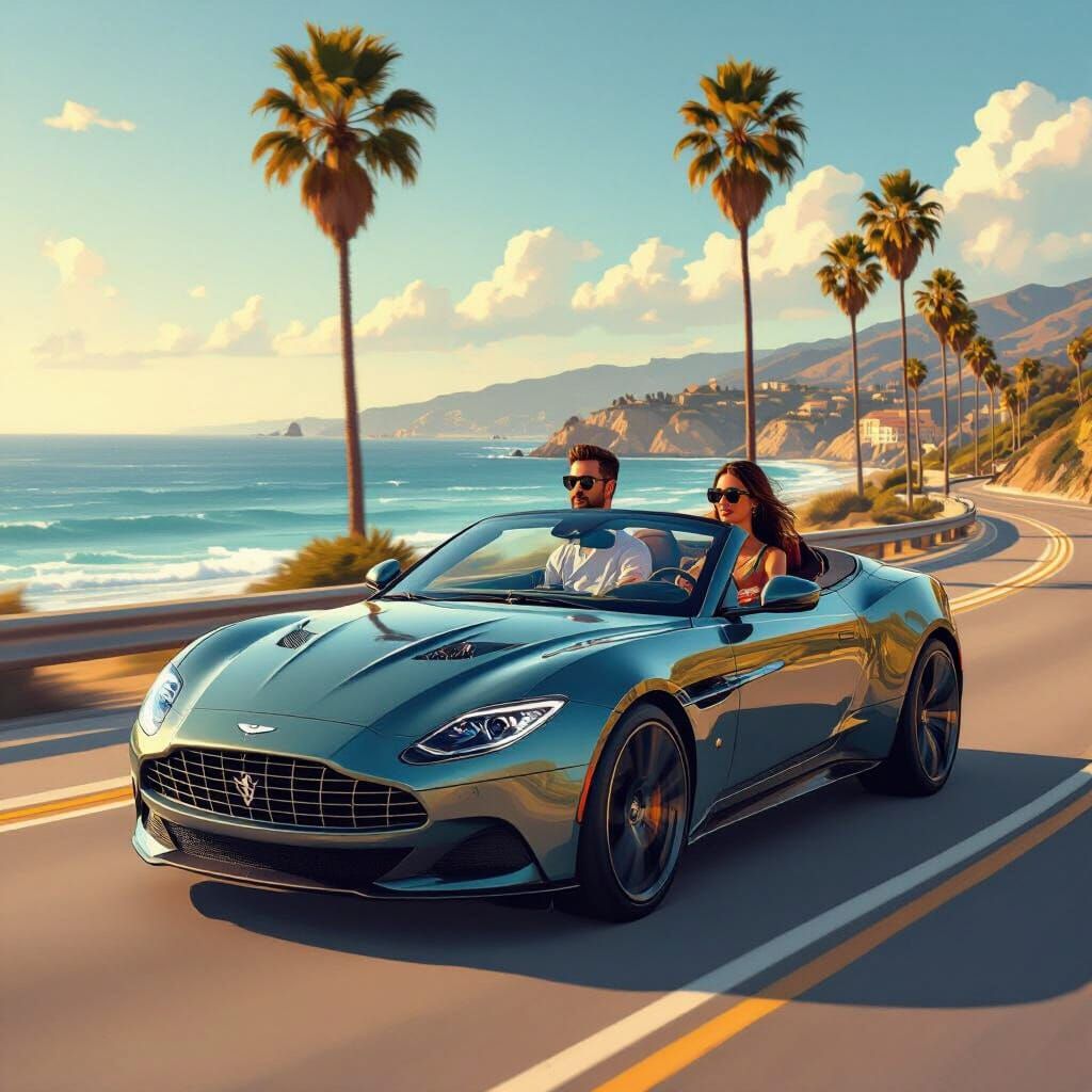 Couple in Cali Rich Gear Cruise Convertible on Coastal Highw...