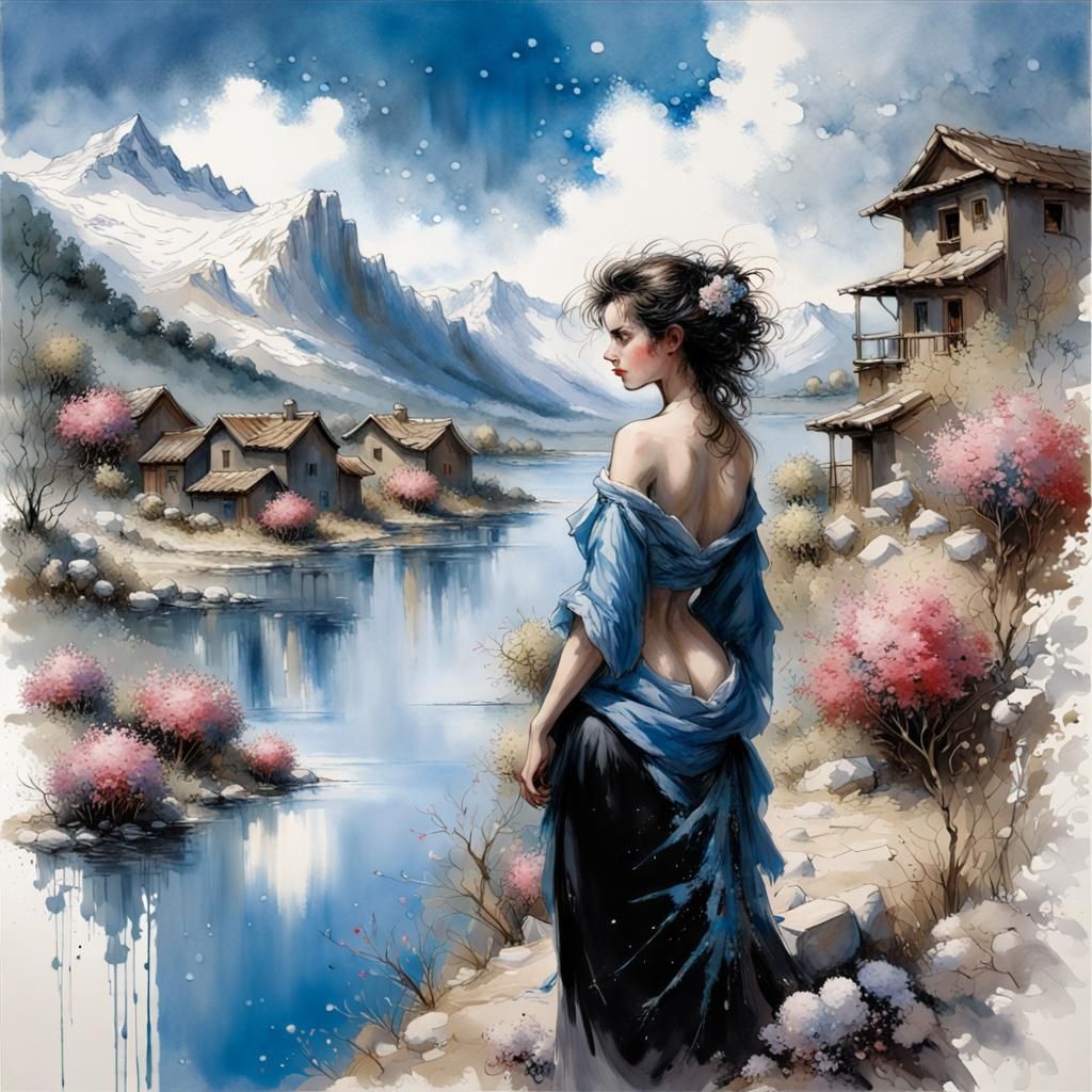 Dreamlike Village Scene in Ink Splatter Art