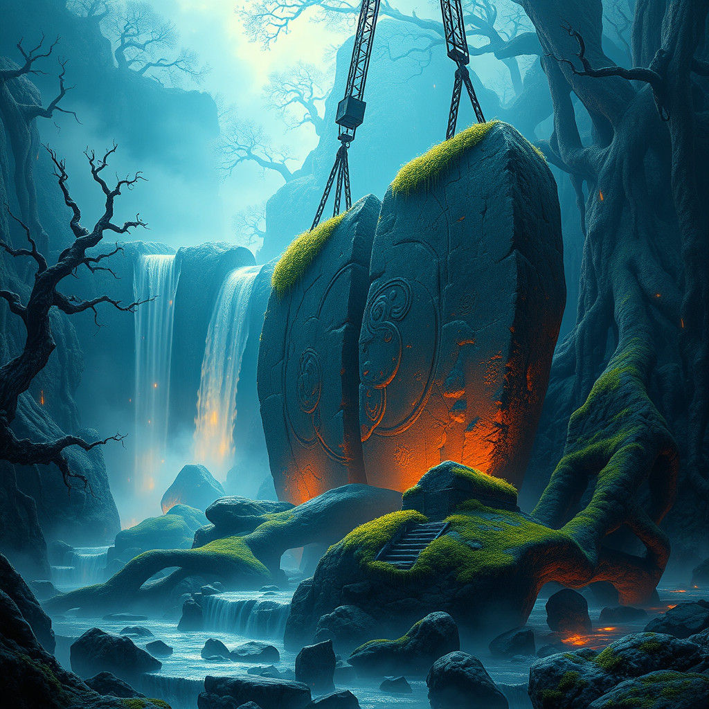 Mystical Crane Lifts Ancient Stones in Dream Landscape