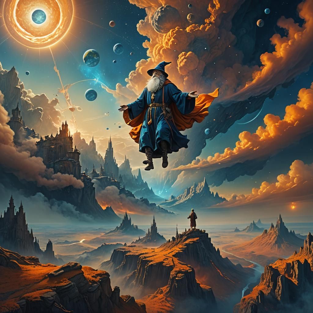Mystical Wizard Floating Above Earth as Matte Painting