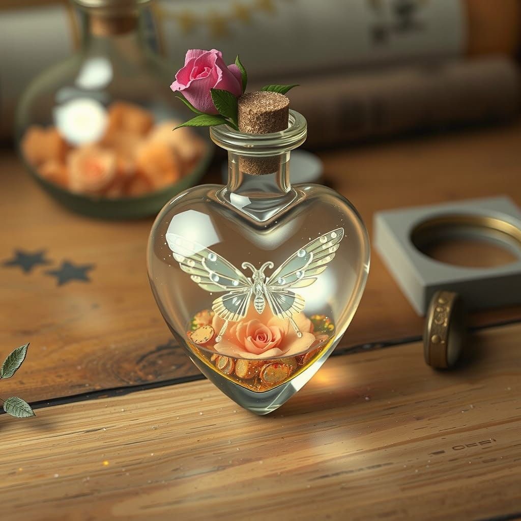 Crystal Heart Vial in Golden Fantasy Landscape