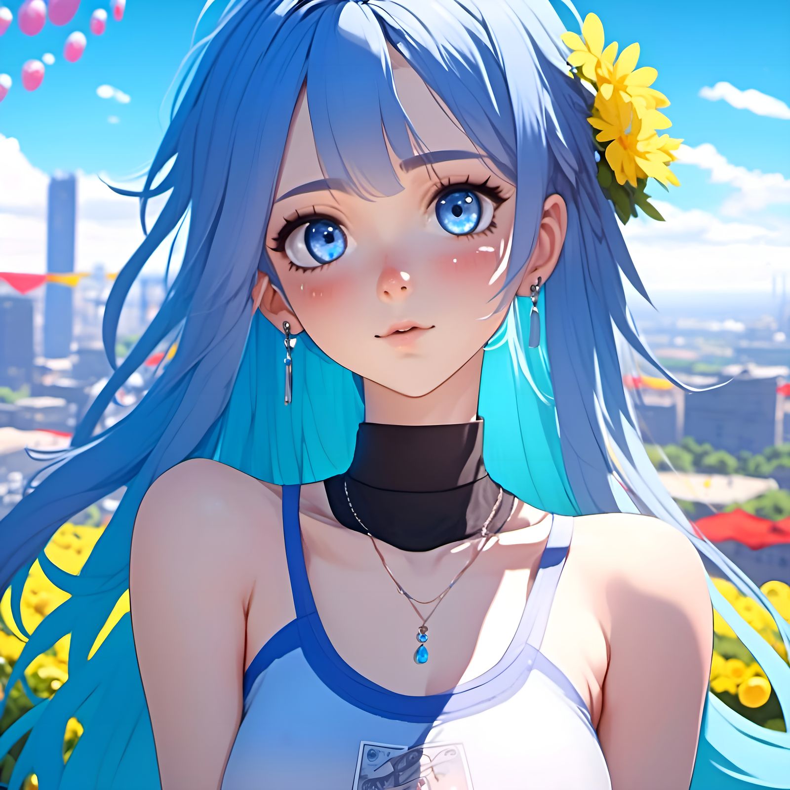 <lora:AnimeMixV2:1.0> Cuttest women , long blue hair, light sport top , bright eyes : 1.2>, , solarpunk bokeh backdrop
