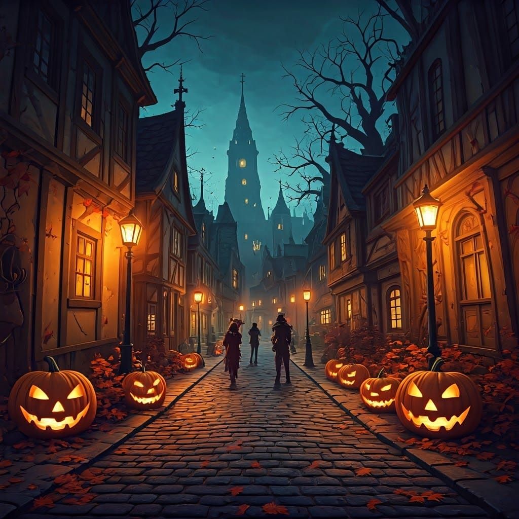 Halloween Town Square at Dusk: A Matte Painting