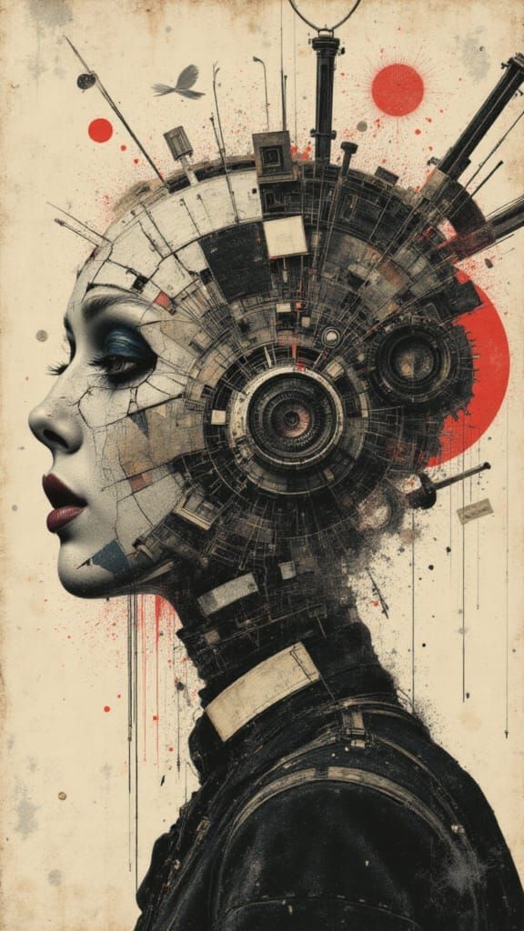 Surrealist Photocollage of Mechanical Head with Jigsaw Body