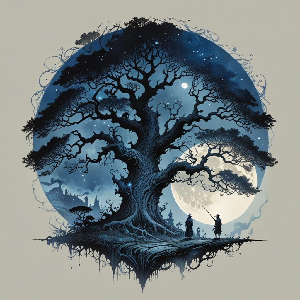Ancient Tree Under Full Moon, in Art Nouveau Style