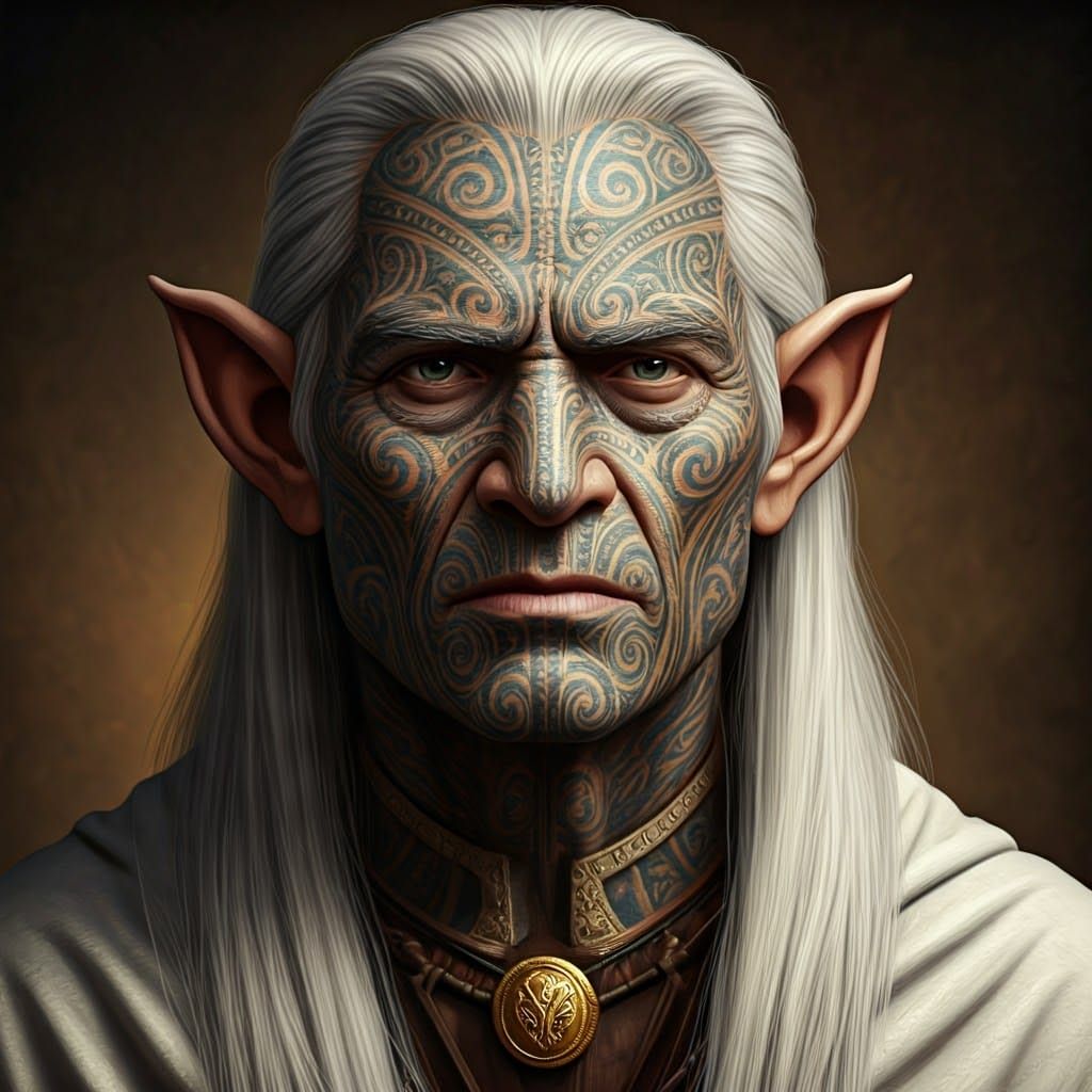 Elder Elf with Intricate Facial Tattoos as Oil Painting