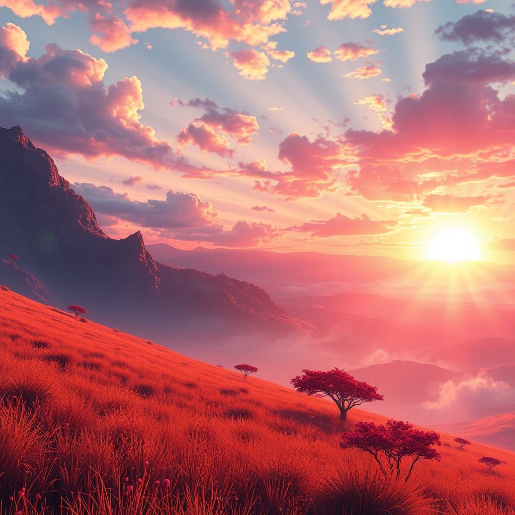 Ethereal Sunrise in Vibrant 3D Anime Style