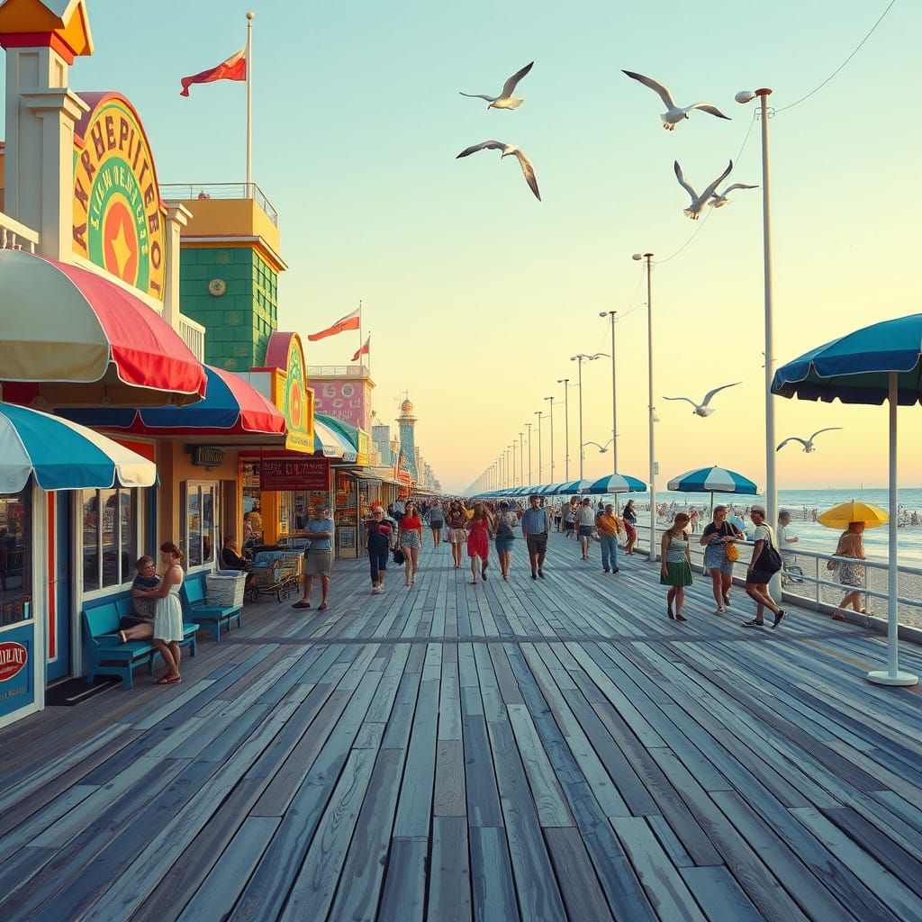 Vibrant Boardwalk Scene in Art Nouveau Style