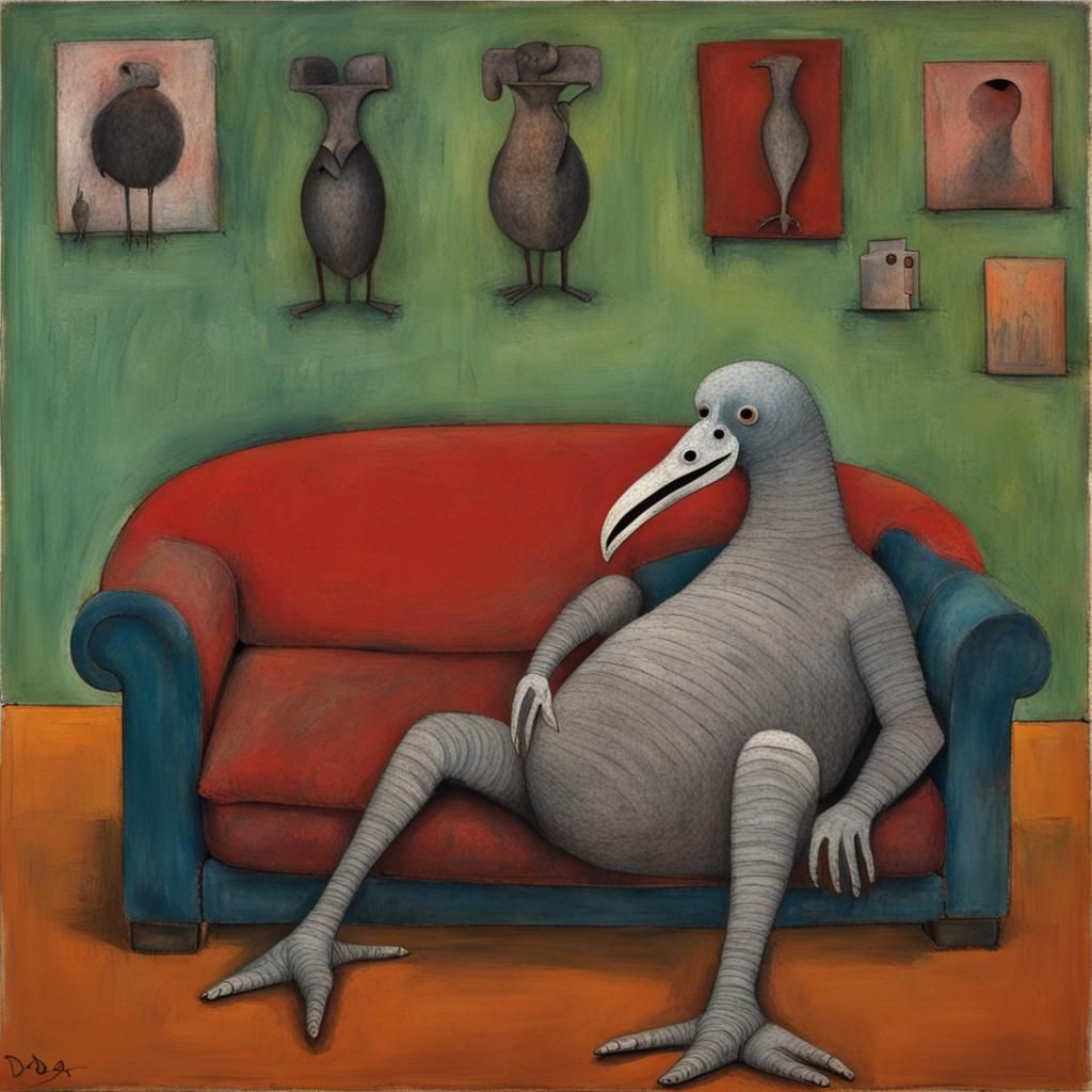 Dodo Bird Relaxing on Couch, Modern Art Style