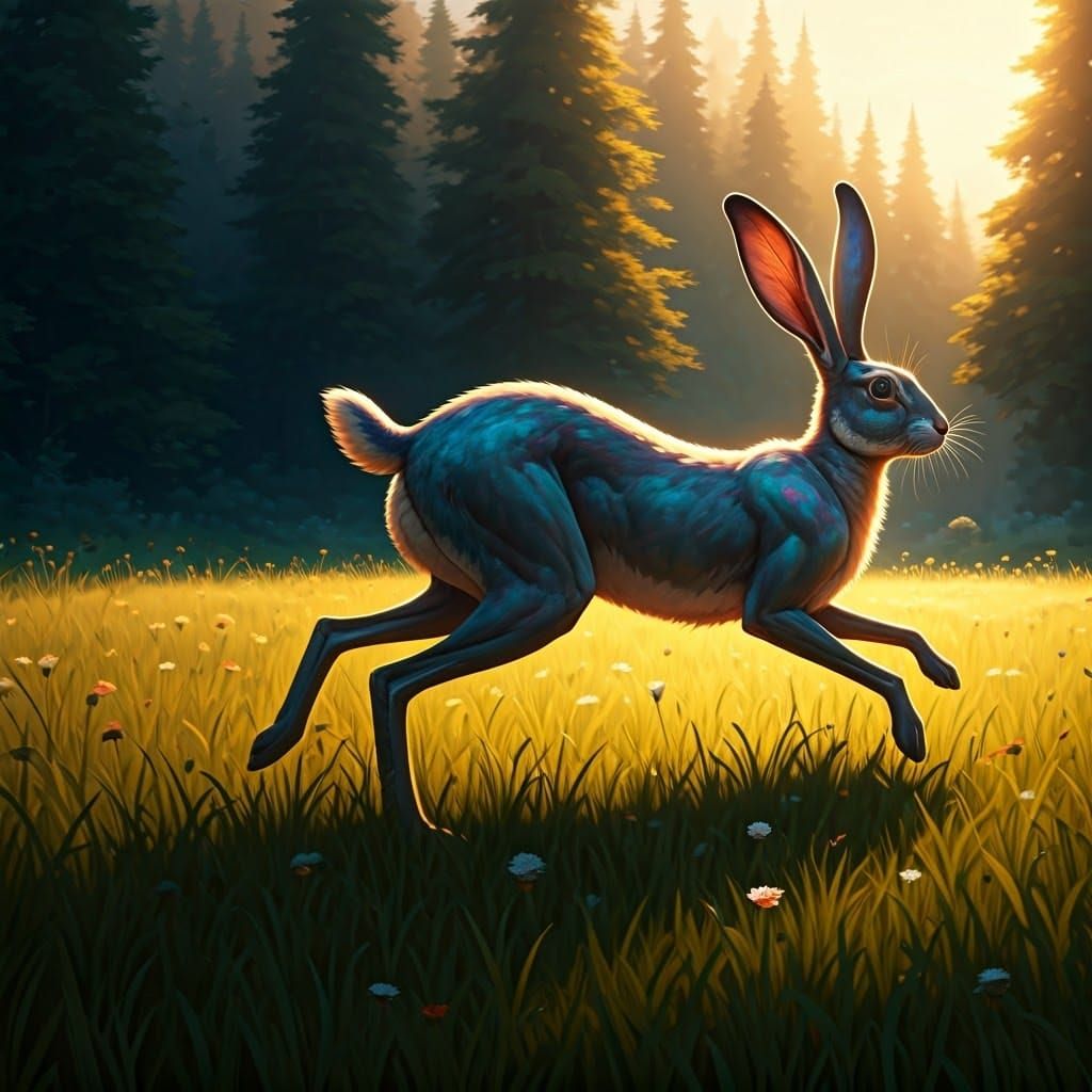 Iridescent Rabbit Creature in Sunlit Meadow