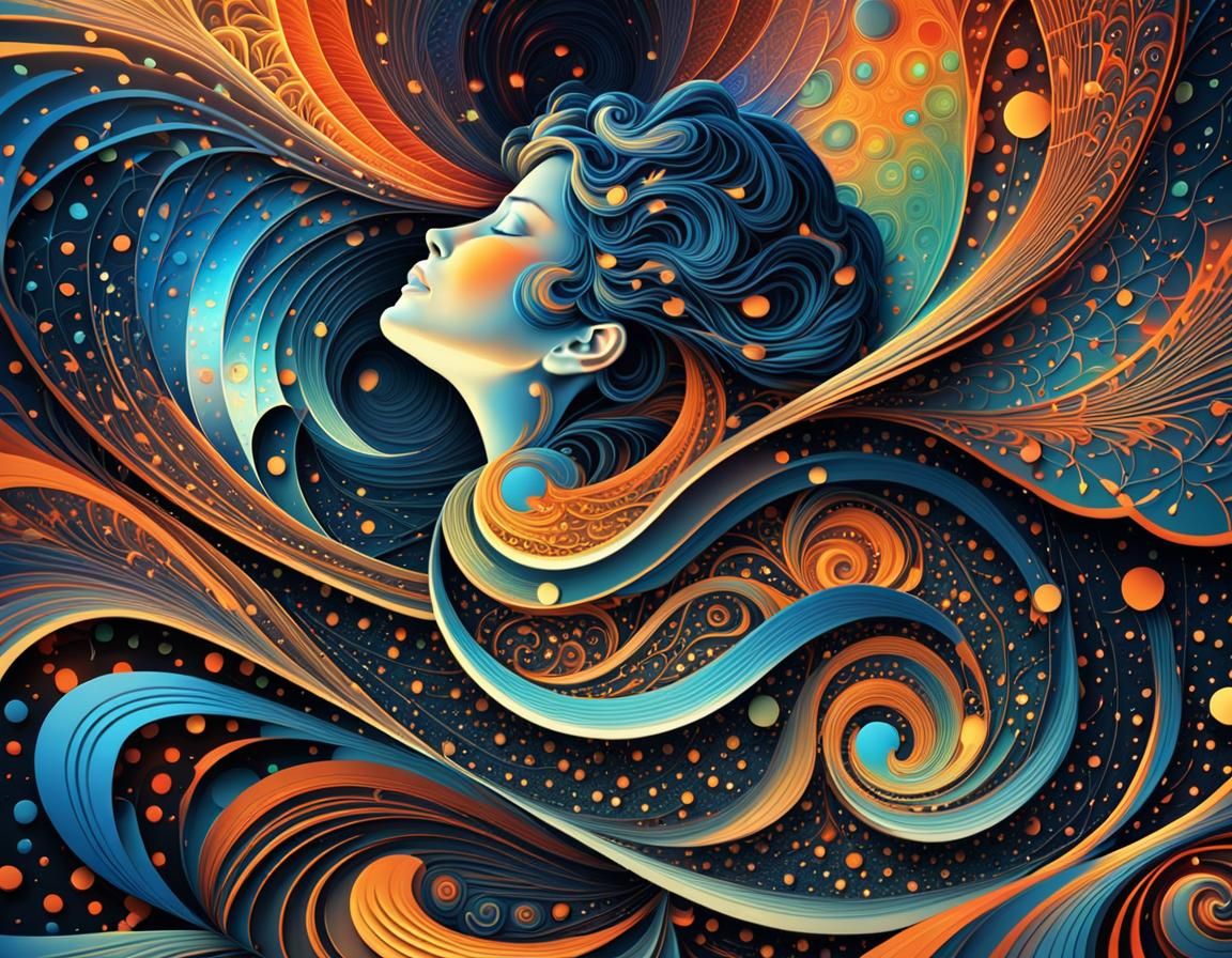 Woman Singing Surrounded by Fractal Patterns in Vector Style