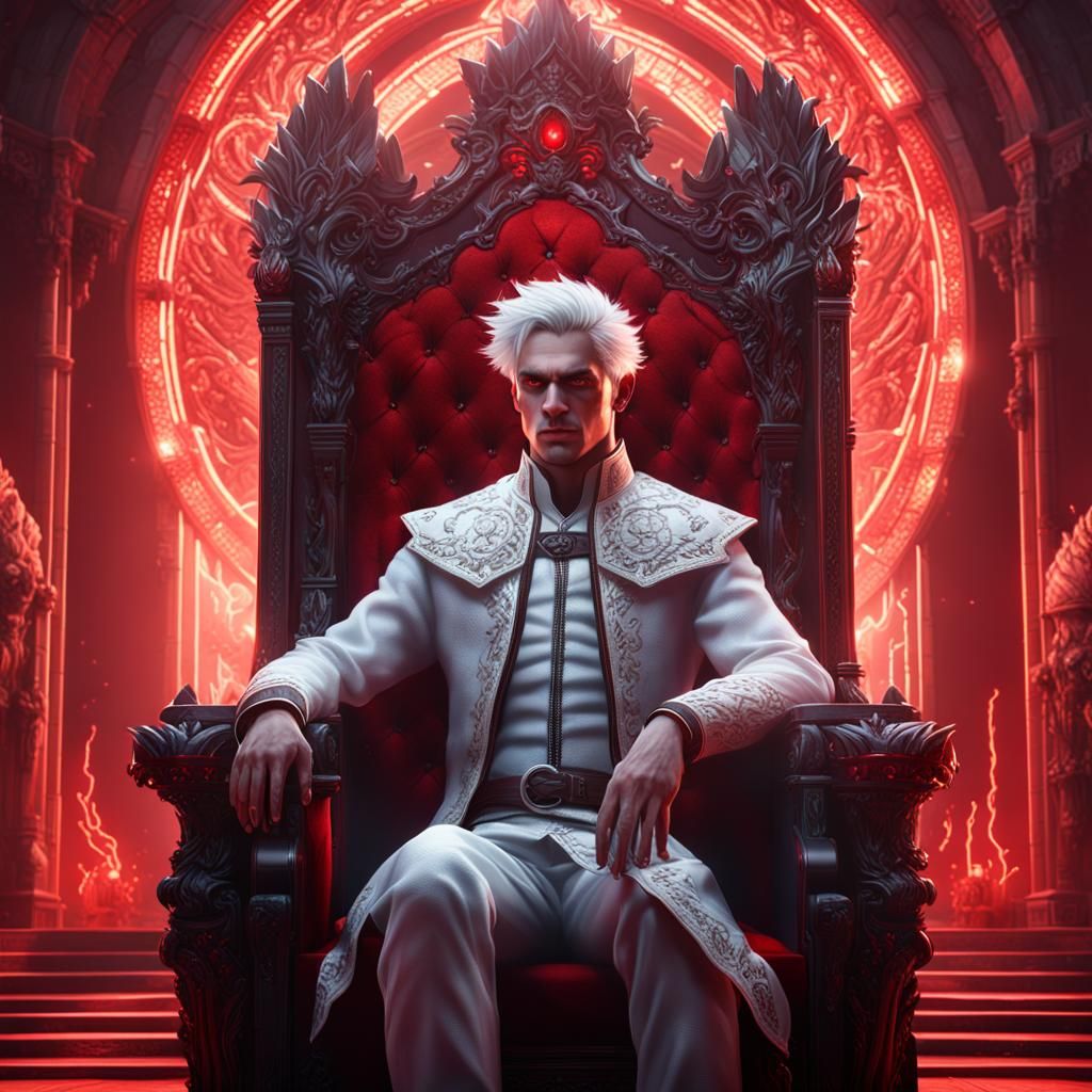 White-Haired Man with Red Eyes on Throne