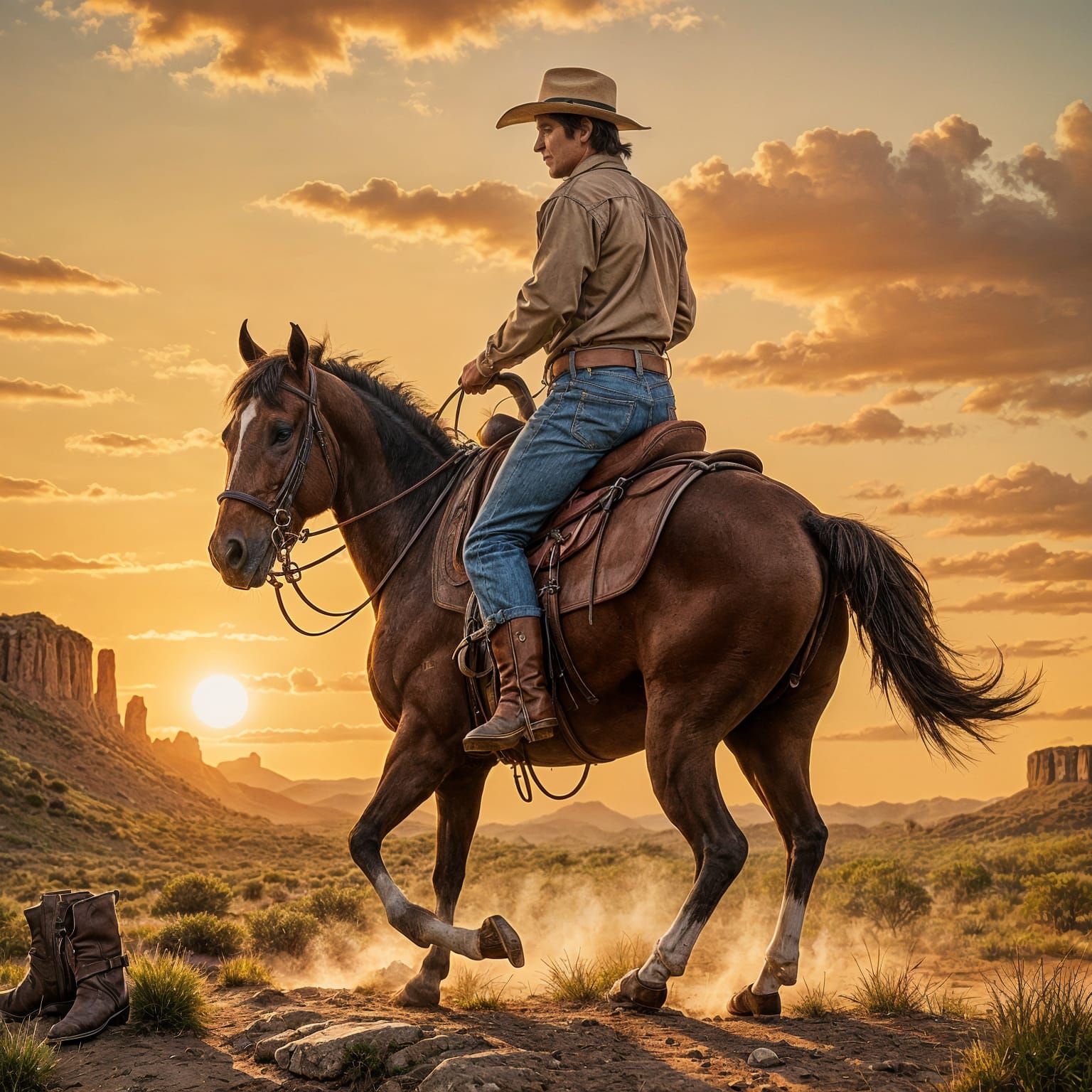 Vintage Cowboy Rides into Sunset