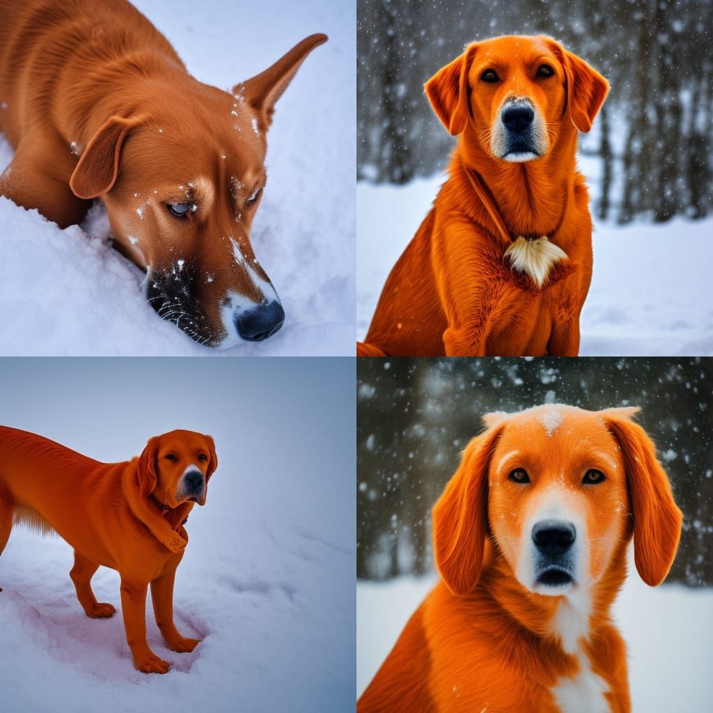 Orange Dog in Winter Snow Scene