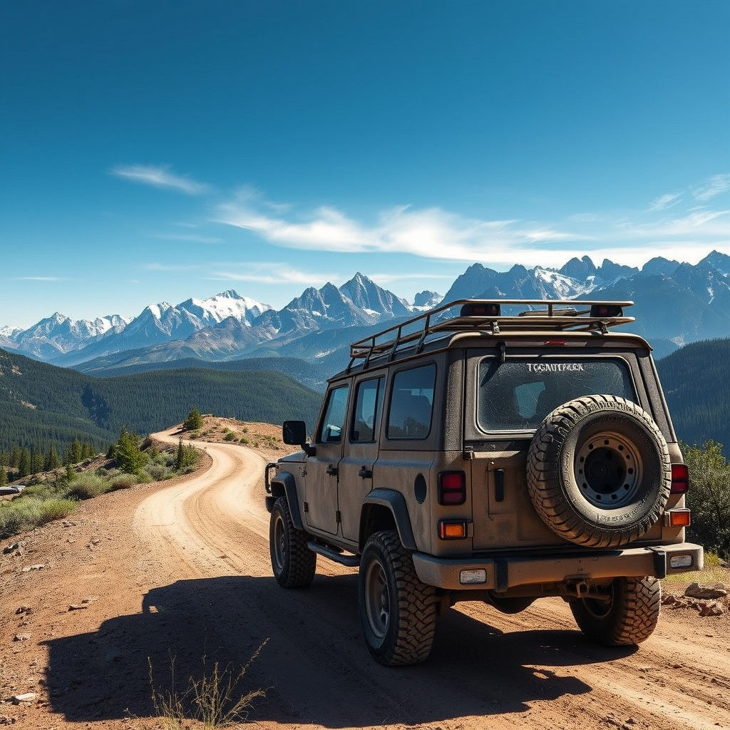 Rugged SUV Overlooking Majestic Mountain Range