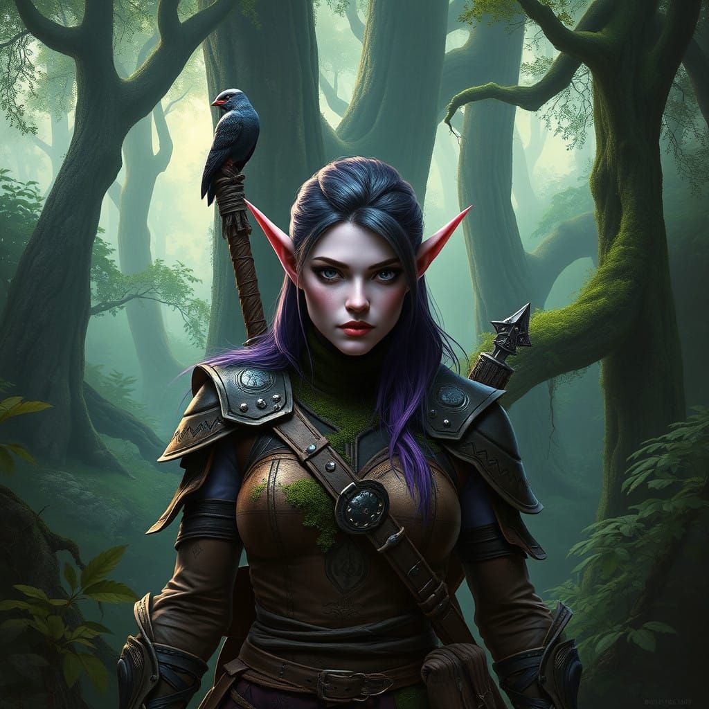 Mystical Elf Ranger Amidst Ancient Forest in Concept Art Sty...