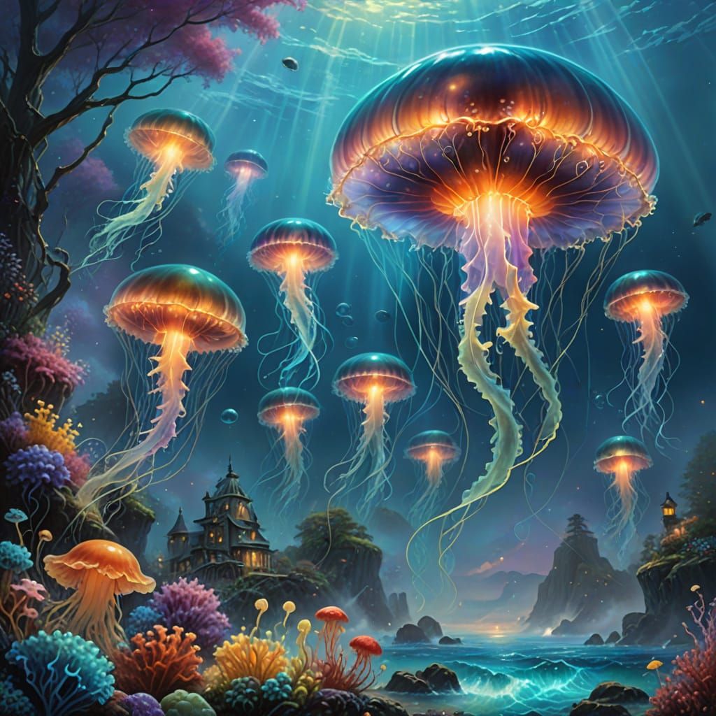 Bioluminescent Jellyfish in Colorful Sea: Ethereal Fantasy