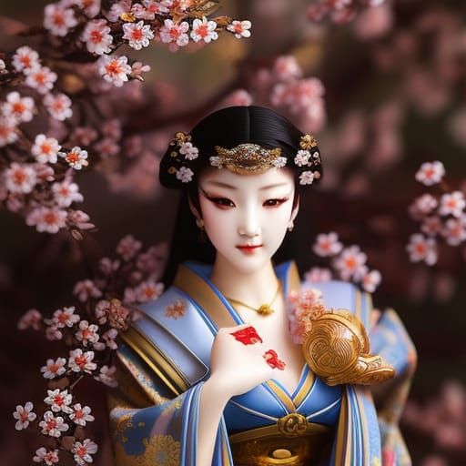 Japanese Woman in Kimono by Cherry Tree