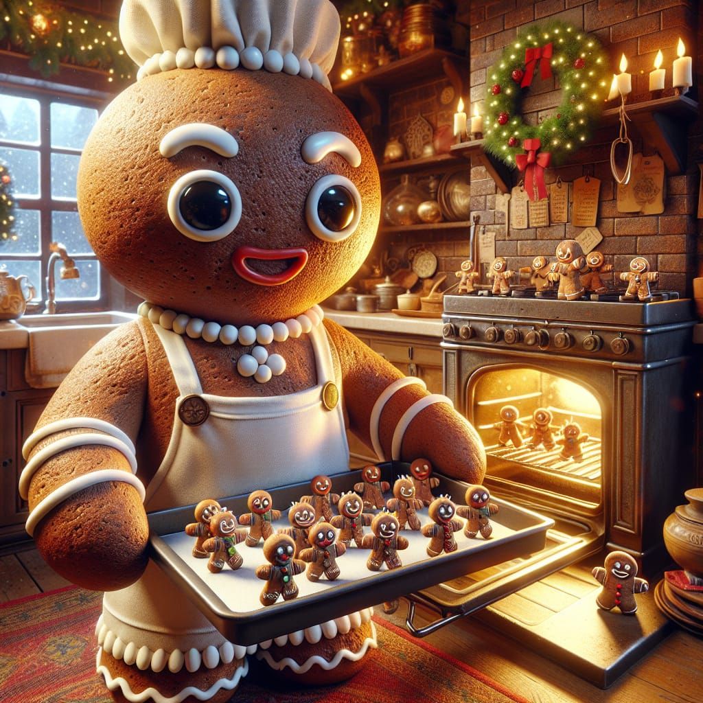 Whimsical Christmas Gingerbread Sprite in Warm Kitchen