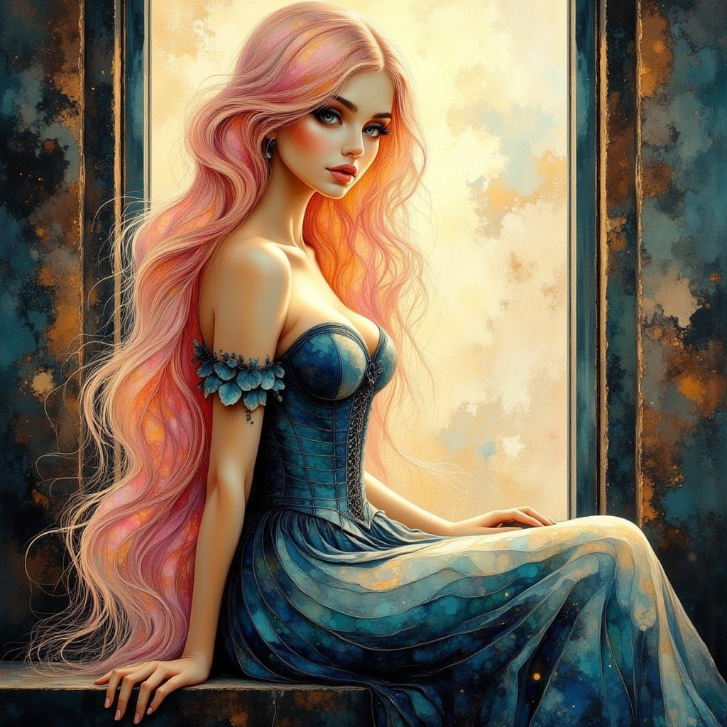 Stunning Woman with Blonde-Pink Hair in Corset Dress