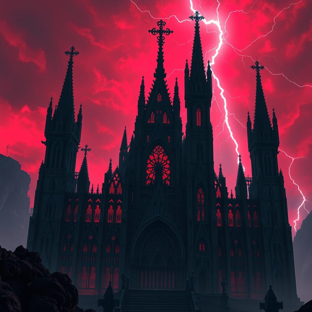 Obsidian Gothic Cathedral Against a Blood-Red Sky