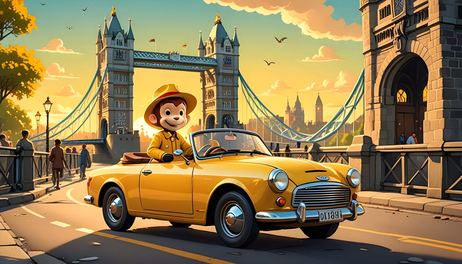Surreal London Scene with Curious George and Tower Bridge