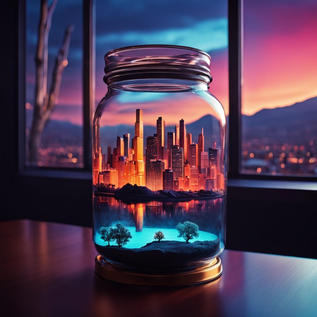 Surreal Cityscape in a Jar: Cinematic Film Still