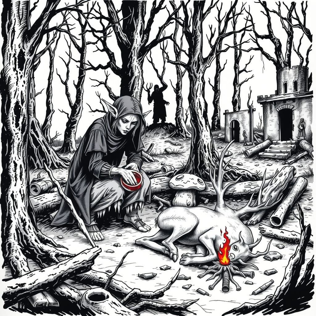 Morbid Elves in Haunting Forest, Stark Line Art